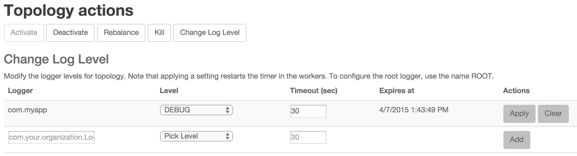 Change Log Level dialog